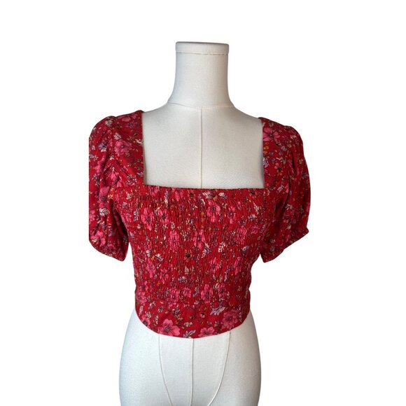 Band Of The Free Small Red Floral Smocked Boho Crop Top Puff Sleeves & Tie Back - Picture 1 of 13